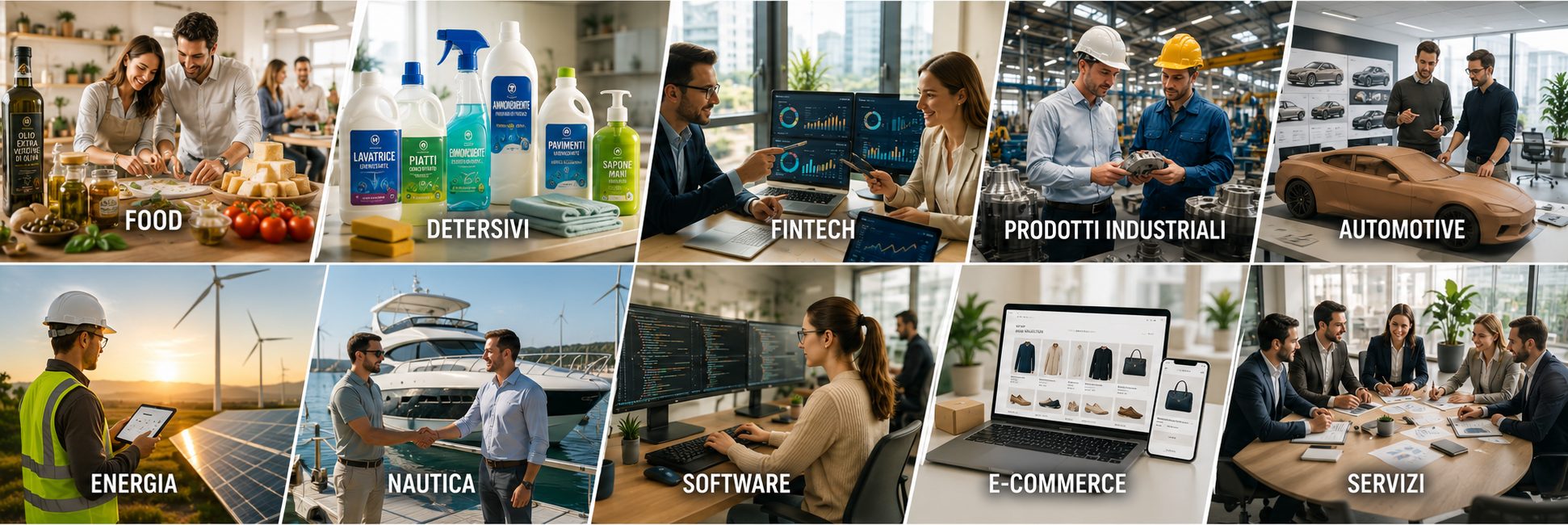 Collage dei settori seguiti come CMO fractional: food, detersivi, fintech, prodotti industriali, automotive, energia, nautica, software, e-commerce, servizi